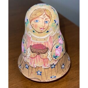 Vintage Russian Roly Poly Chime Doll Handpainted Signed 4 1/2" Signed